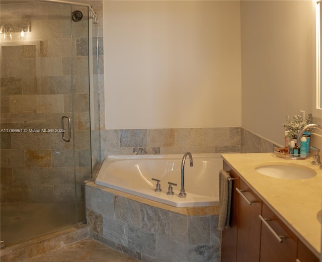 2681 N Flamingo Rd Unit 1206S, Sunrise, FL 33323 - bathroom featuring a stall shower, a bath, double vanity, and tile patterned floors