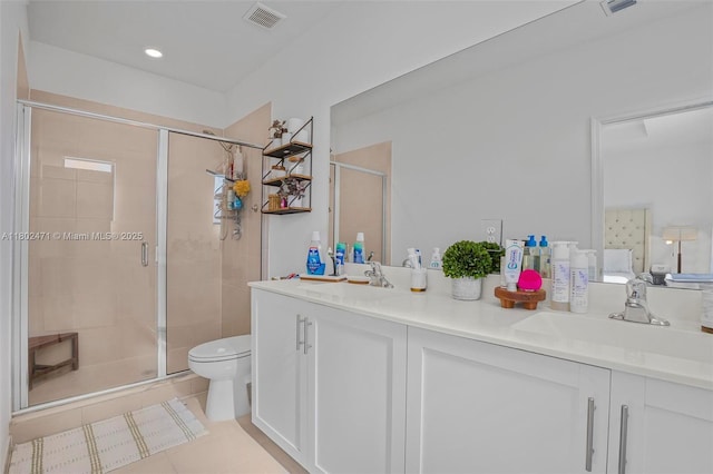 25280 SW 108th Ct, Homestead, FL 33032 - bathroom with a stall shower, toilet, double vanity, tile patterned flooring, and recessed lighting