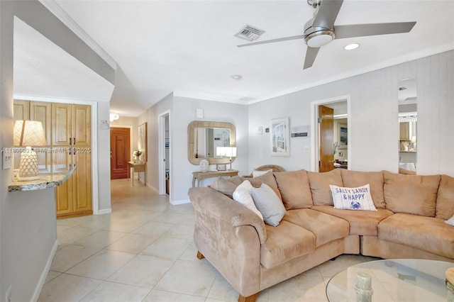 6001 SW 18th St, Plantation, FL 33317 - living room featuring light tile patterned floors, ceiling fan, baseboards, recessed lighting, and ornamental molding