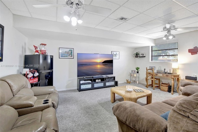 6001 SW 18th St, Plantation, FL 33317 - carpeted living area with a ceiling fan, a paneled ceiling, and baseboards
