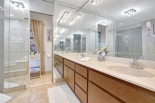 6001 SW 18th St, Plantation, FL 33317 - bathroom with a shower stall, tile patterned flooring, and double vanity