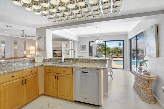 6001 SW 18th St, Plantation, FL 33317 - kitchen with dishwasher, a sink, ornamental molding, light tile patterned floors, and light stone counters