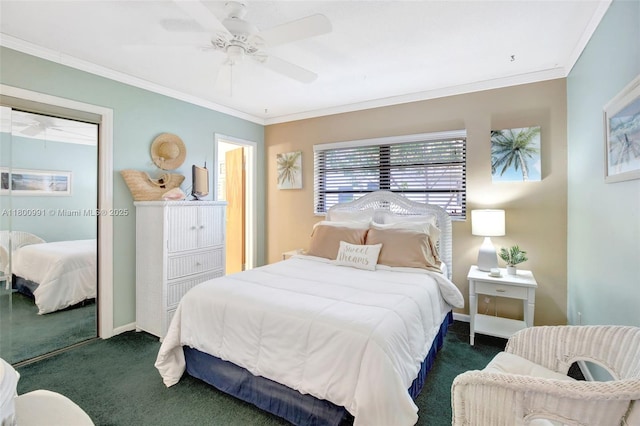 6001 SW 18th St, Plantation, FL 33317 - bedroom with dark carpet, ceiling fan, ornamental molding, and baseboards