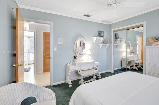 6001 SW 18th St, Plantation, FL 33317 - bedroom with a closet, carpet flooring, crown molding, baseboards, and a ceiling fan