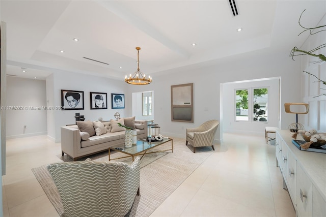 1415 Madrid St, Coral Gables, FL 33134 - living area with a raised ceiling, a chandelier, healthy amount of natural light, and recessed lighting