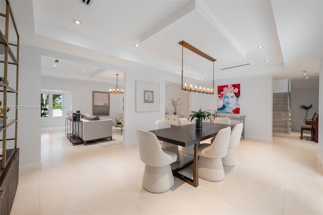 1415 Madrid St, Coral Gables, FL 33134 - dining space with a raised ceiling, recessed lighting, a chandelier, light tile patterned flooring, and baseboards