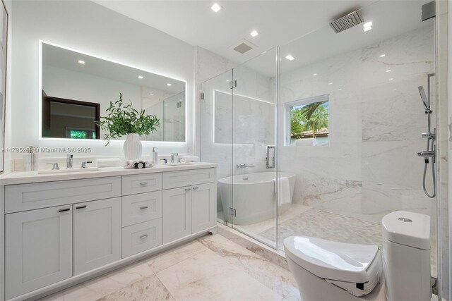 1415 Madrid St, Coral Gables, FL 33134 - bathroom featuring a marble finish shower, toilet, marble finish flooring, double vanity, and recessed lighting