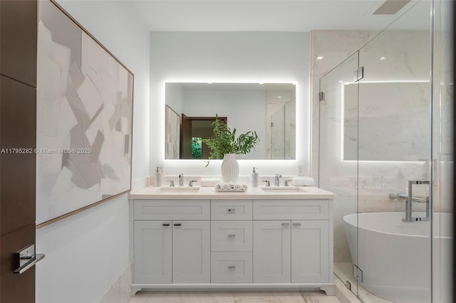 1415 Madrid St, Coral Gables, FL 33134 - full bathroom with a marble finish shower, double vanity, and a freestanding tub