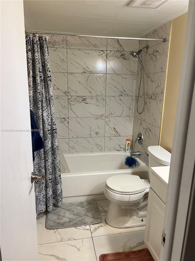 bathroom with marble look tiles, shower / bathtub combination with curtain, toilet, and vanity