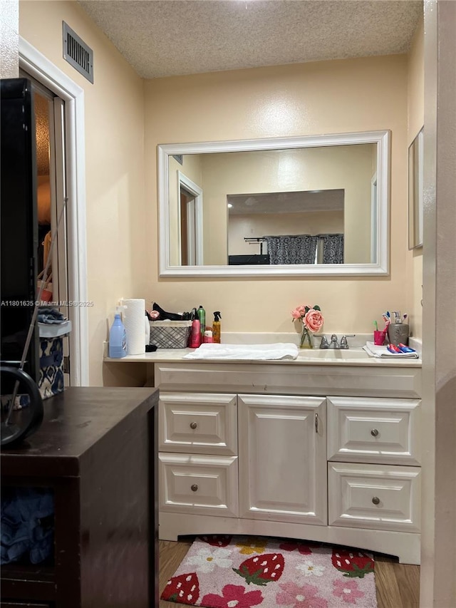 bathroom with wood finished floors, vanity, and a textured ceiling