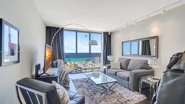 1500 S Ocean Dr Unit 12H, Hollywood, FL 33019 - living room featuring rail lighting, a wall of windows, and wood finished floors