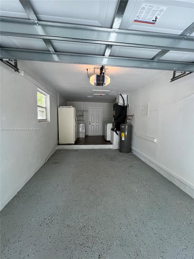 6391 SW 8th St, North Lauderdale, FL 33068 - garage with freestanding refrigerator, washer and clothes dryer, a garage door opener, water heater, and heating unit