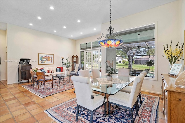 5425 NW 86th Ter, Coral Springs, FL 33067 - dining area with recessed lighting, baseboards, light tile patterned floors, a textured ceiling, and ceiling fan
