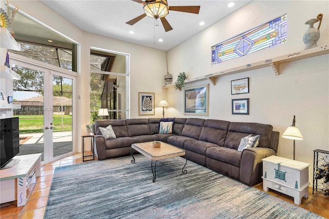 5425 NW 86th Ter, Coral Springs, FL 33067 - living room with a ceiling fan, a towering ceiling, french doors, and recessed lighting