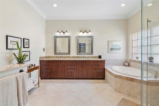 5425 NW 86th Ter, Coral Springs, FL 33067 - full bathroom featuring tile patterned flooring, a garden tub, ornamental molding, a stall shower, and double vanity