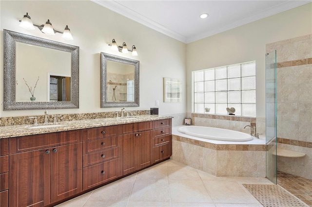 5425 NW 86th Ter, Coral Springs, FL 33067 - full bath featuring a bath, tiled shower, ornamental molding, tile patterned flooring, and double vanity