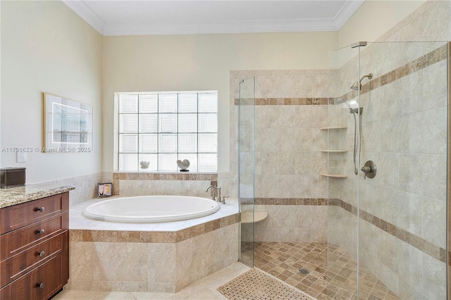 5425 NW 86th Ter, Coral Springs, FL 33067 - full bathroom with a bath, a shower stall, vanity, crown molding, and tile patterned flooring