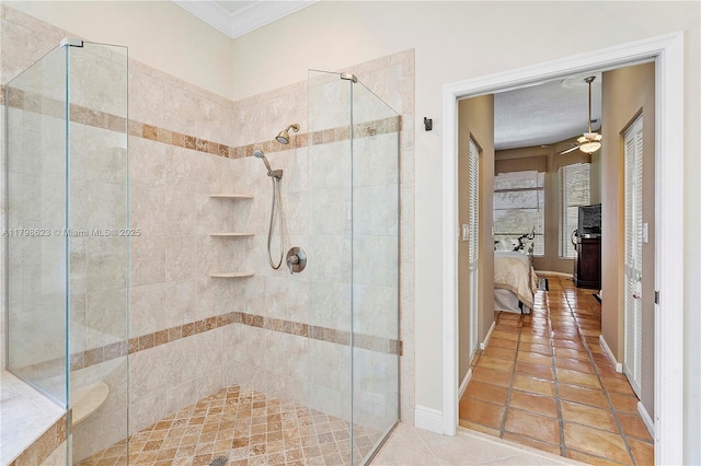5425 NW 86th Ter, Coral Springs, FL 33067 - bathroom with ensuite bathroom, a stall shower, crown molding, a ceiling fan, and tile patterned floors