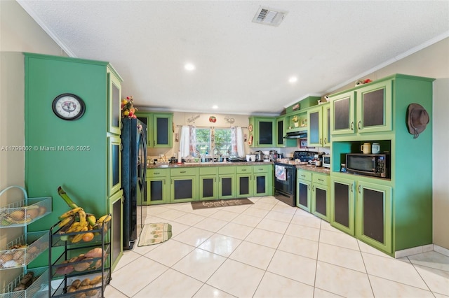 260 Taft Blvd, Clewiston, FL 33440 - kitchen featuring green cabinets, black appliances, crown molding, light tile patterned floors, and a sink