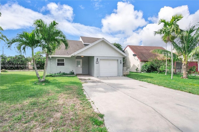 ranch-style house with a garage, concrete driveway, a front lawn, roof with shingles, and stucco siding