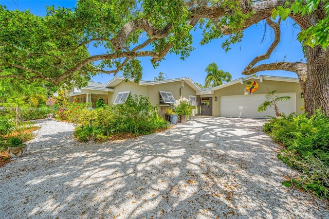 single story home with stucco siding, an attached garage, and driveway