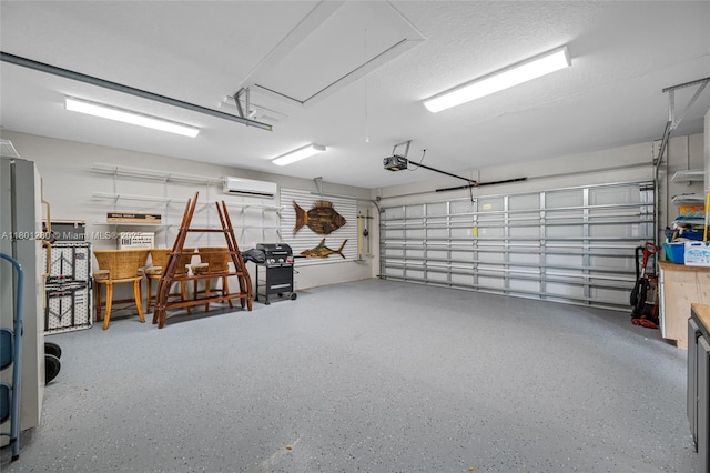 garage featuring a garage door opener and an AC wall unit