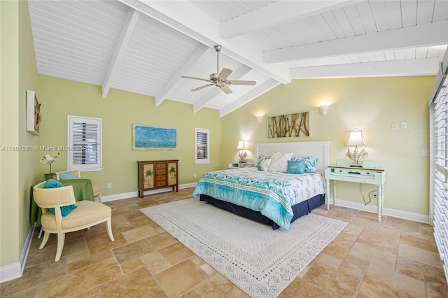 bedroom with stone tile flooring, baseboards, a ceiling fan, and wood ceiling
