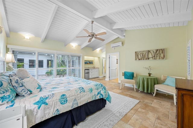 bedroom with stone tile floors, a wall mounted air conditioner, a ceiling fan, and baseboards