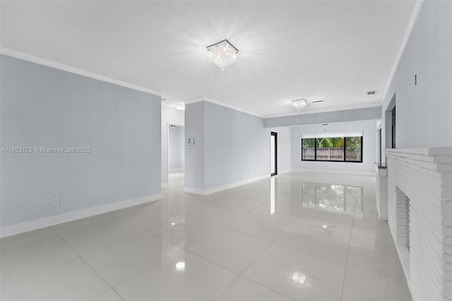 1998 NE 180th St, North Miami Beach, FL 33162 - unfurnished living room featuring light tile patterned flooring, ornamental molding, baseboards, and a brick fireplace