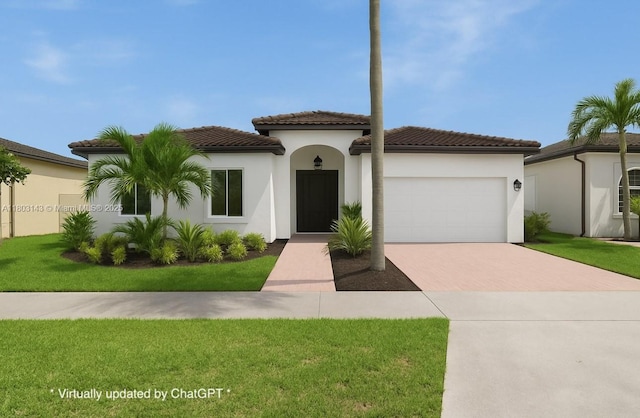 9072 NW 145th St, Miami Lakes, FL 33018 - mediterranean / spanish-style house featuring decorative driveway, a garage, stucco siding, a tiled roof, and a front lawn