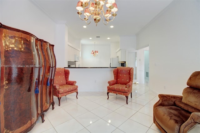 9072 NW 145th St, Miami Lakes, FL 33018 - living area with a chandelier, ornamental molding, light tile patterned floors, and baseboards