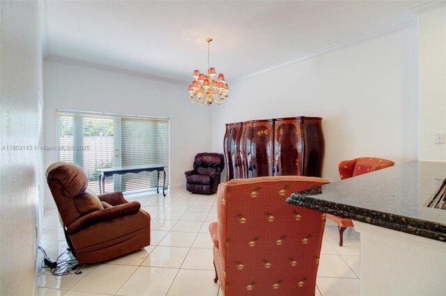 9072 NW 145th St, Miami Lakes, FL 33018 - living area with a chandelier, light tile patterned flooring, and ornamental molding