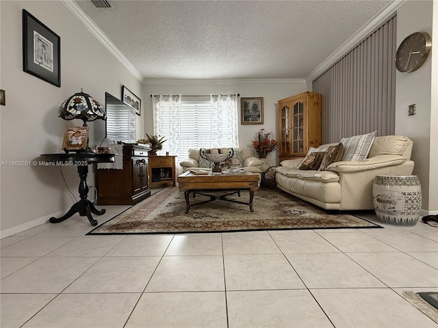 2903 S Carambola Cir S Unit 2094, Coconut Creek, FL 33066 - living area with crown molding, a textured ceiling, tile patterned floors, and baseboards