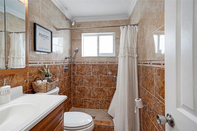 857 W 37th St, Hialeah, FL 33012 - full bath with toilet, tile walls, crown molding, tiled shower, and vanity