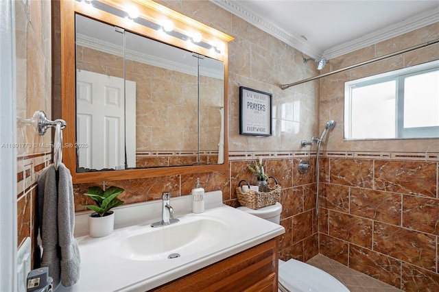 857 W 37th St, Hialeah, FL 33012 - full bathroom with toilet, tile walls, vanity, a tile shower, and crown molding
