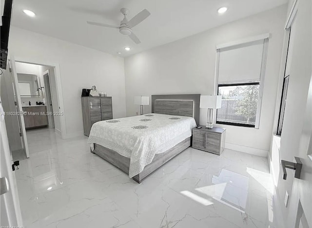 2838NW Embers Ter, Cape Coral, FL 33993 - bedroom featuring recessed lighting, light marble finish flooring, baseboards, ceiling fan, and ensuite bathroom