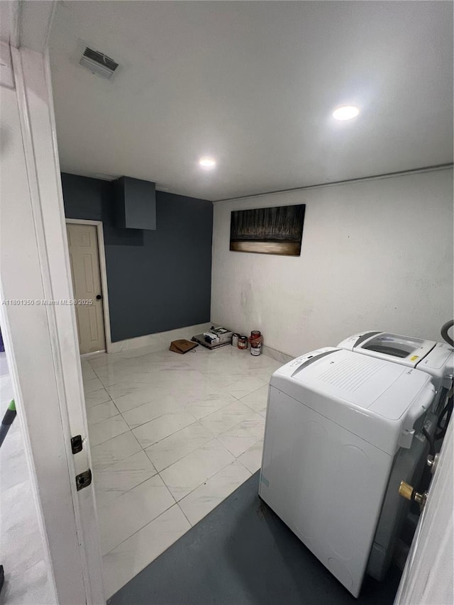 6014 SW 162nd Pl, Miami, FL 33193 - washroom featuring washing machine and dryer, light marble finish floors, and recessed lighting