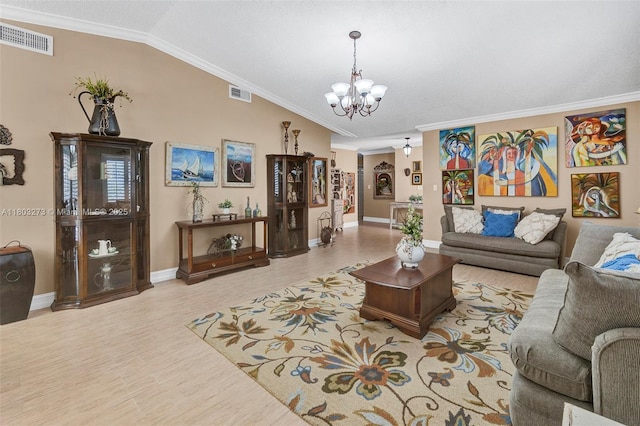 13338 SW 8th Ln, Miami, FL 33184 - living room featuring a chandelier, wood finished floors, crown molding, and vaulted ceiling