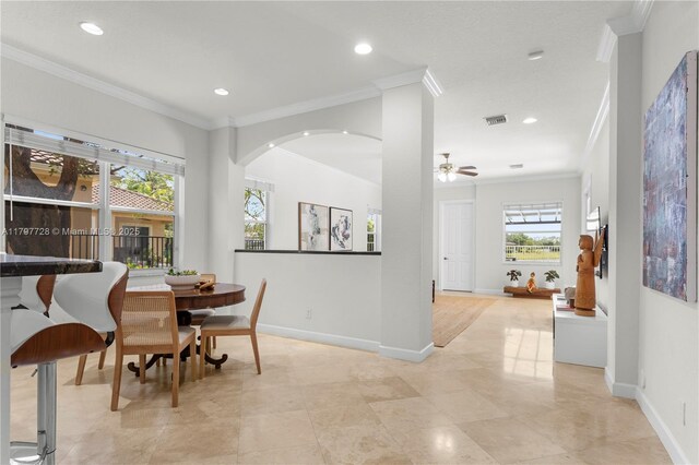 3837 E Coquina Way, Weston, FL 33332 - dining space featuring ornamental molding, baseboards, ceiling fan, recessed lighting, and arched walkways
