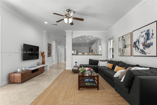 3837 E Coquina Way, Weston, FL 33332 - living area featuring arched walkways, crown molding, ceiling fan, recessed lighting, and baseboards