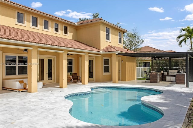 3837 E Coquina Way, Weston, FL 33332 - outdoor pool with ceiling fan, a patio, french doors, fence, and area for grilling