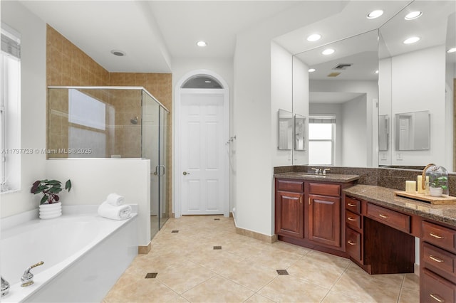 3837 E Coquina Way, Weston, FL 33332 - full bathroom featuring a stall shower, a garden tub, vanity, recessed lighting, and tile patterned flooring