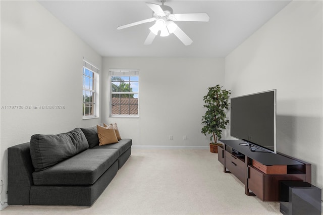 3837 E Coquina Way, Weston, FL 33332 - living room featuring light carpet, baseboards, and a ceiling fan
