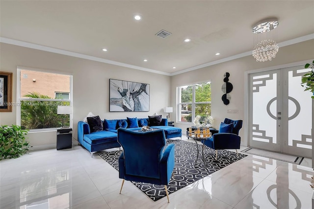 15331 SW 20th St, Miramar, FL 33027 - living area featuring recessed lighting, crown molding, a chandelier, tile patterned floors, and french doors