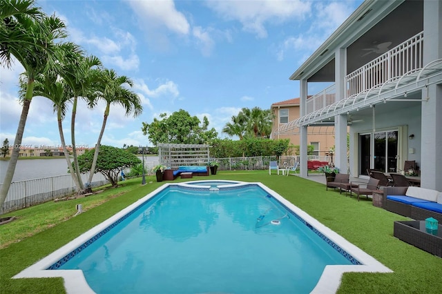 15331 SW 20th St, Miramar, FL 33027 - view of swimming pool featuring an in-ground hot tub, ceiling fan, an outdoor living space, and a patio