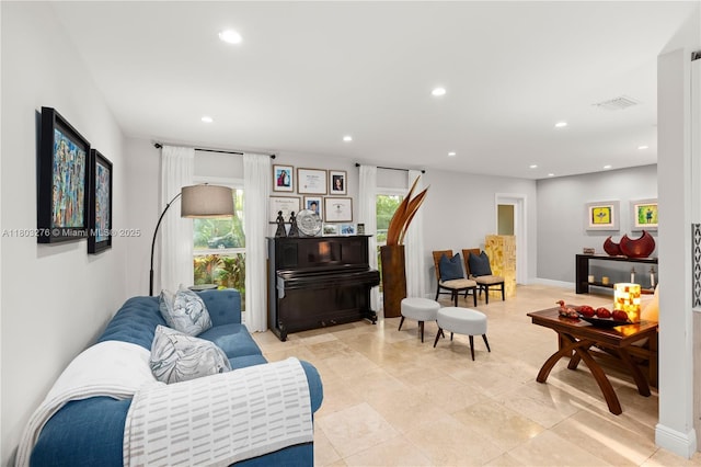 6809 Mentone St, Coral Gables, FL 33146 - living room featuring recessed lighting, light tile patterned floors, and baseboards