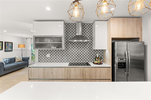 6809 Mentone St, Coral Gables, FL 33146 - kitchen featuring stainless steel fridge, light brown cabinets, wall chimney range hood, modern cabinets, and tasteful backsplash