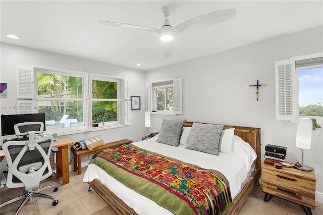 6809 Mentone St, Coral Gables, FL 33146 - bedroom featuring light tile patterned floors, recessed lighting, and ceiling fan