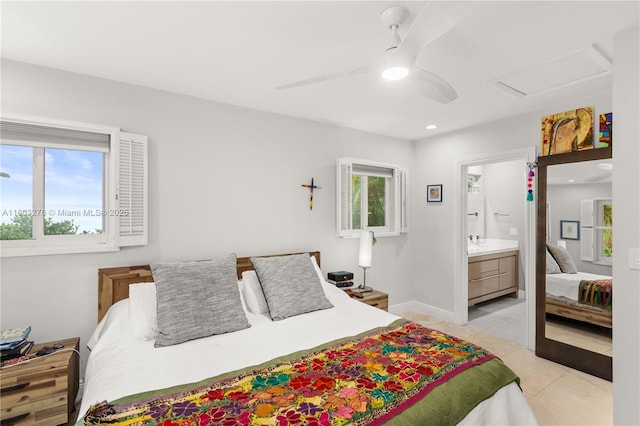 6809 Mentone St, Coral Gables, FL 33146 - bedroom with light tile patterned floors, ceiling fan, ensuite bathroom, baseboards, and attic access