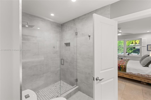 6809 Mentone St, Coral Gables, FL 33146 - bathroom with ensuite bath, a shower stall, recessed lighting, tile patterned flooring, and ceiling fan